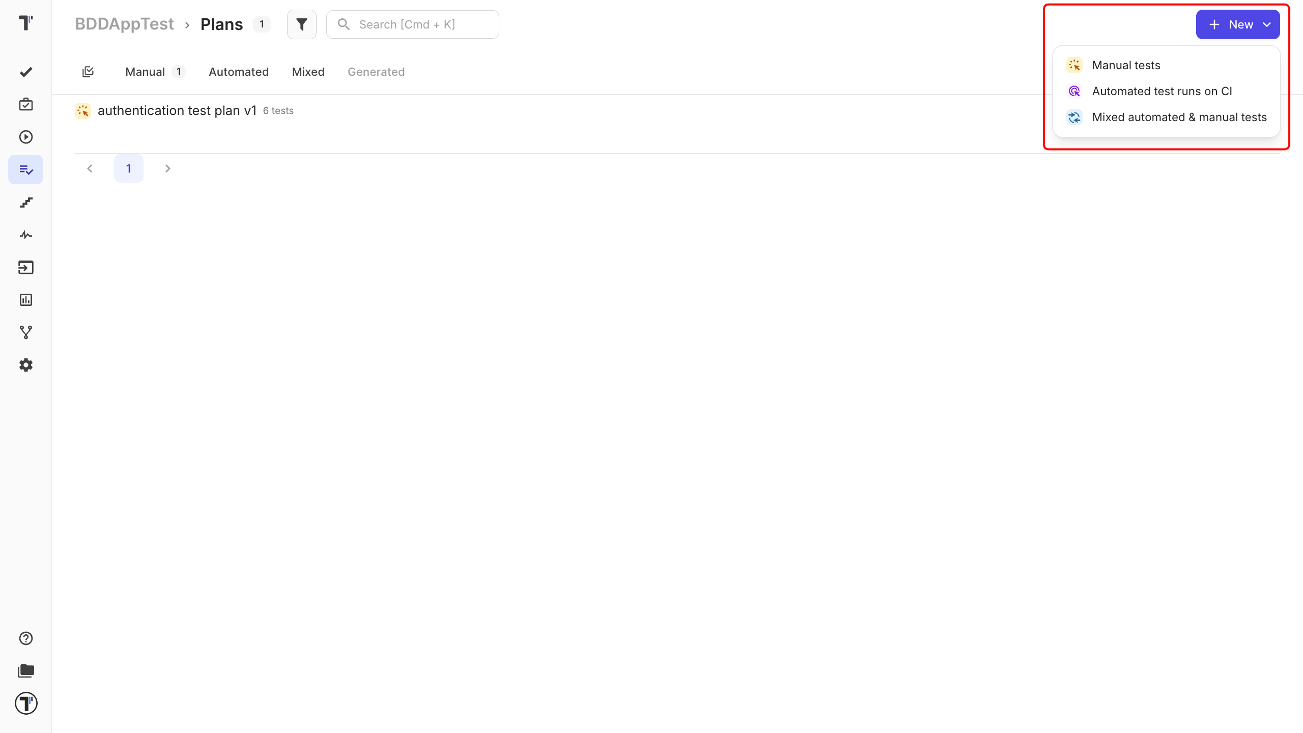 The Plans page with the + New plan button and the type choice