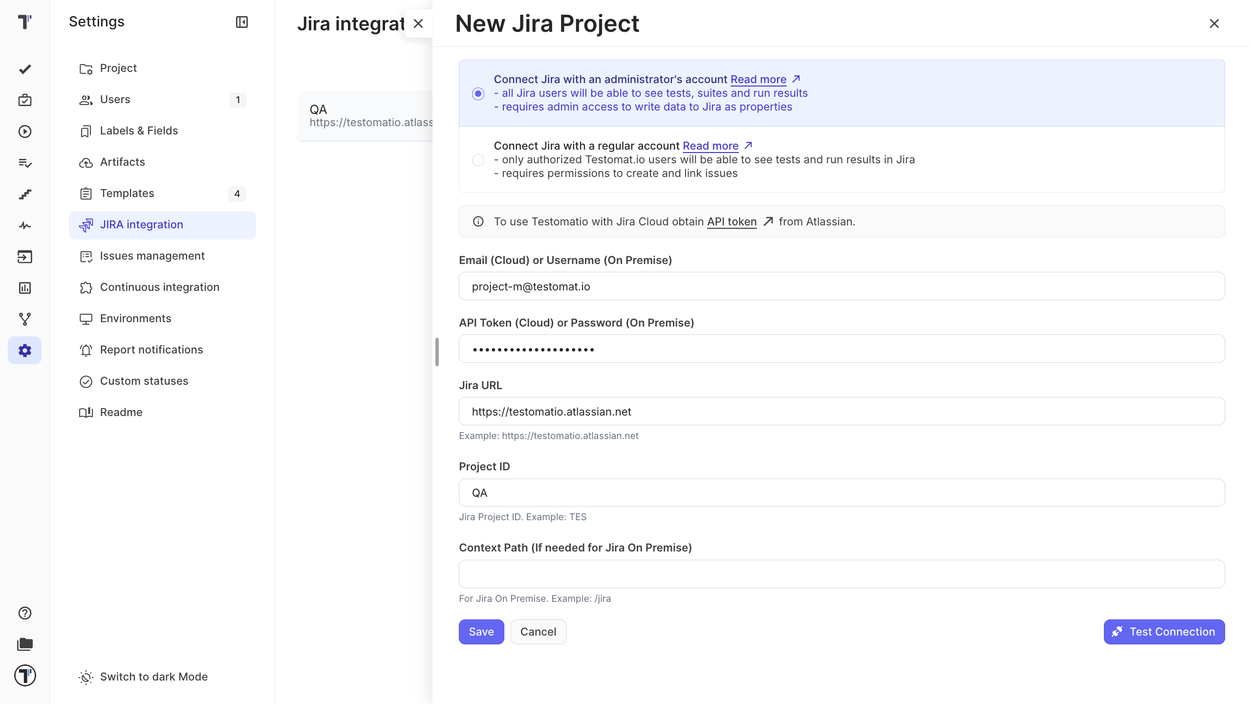 Jira Integration settings with the Add Jira project button