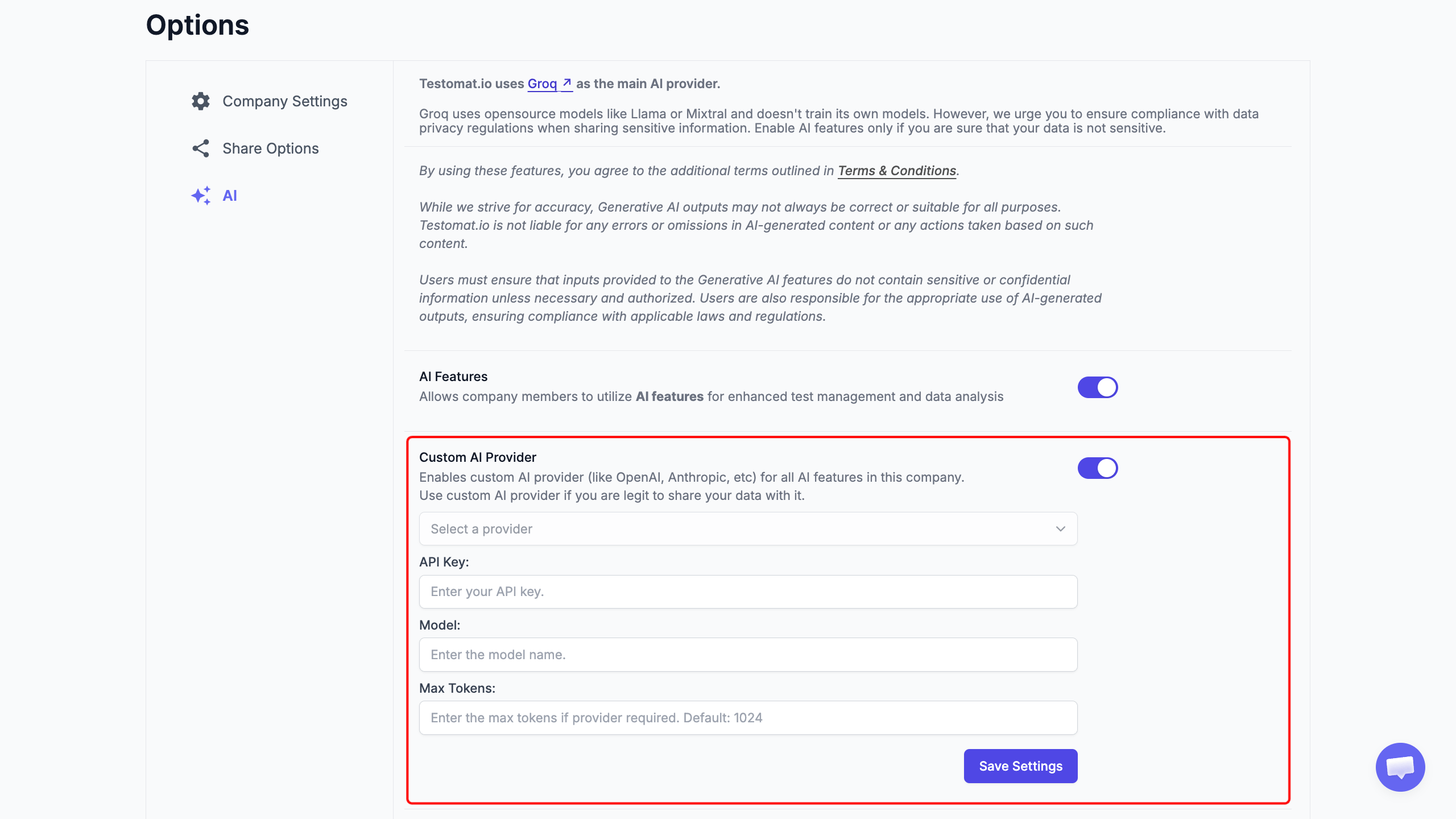 The AI provider settings with a custom provider selected