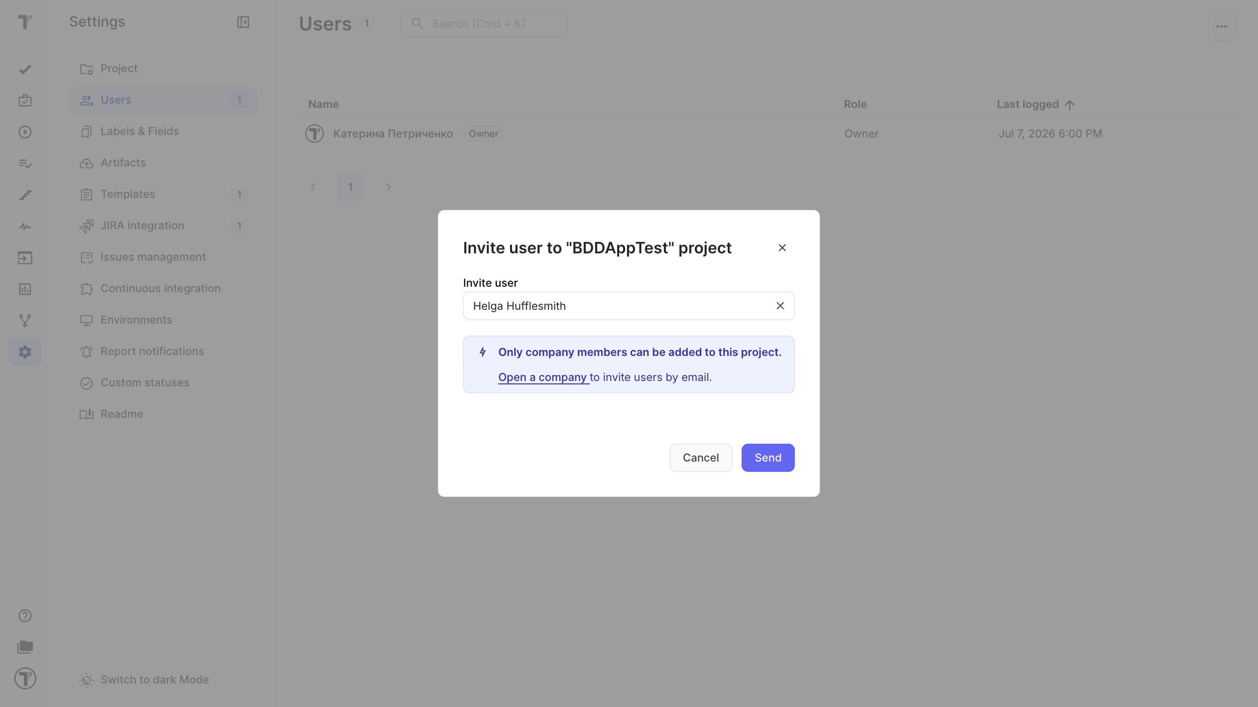 Adding the Read-only user to a project under Settings, Users