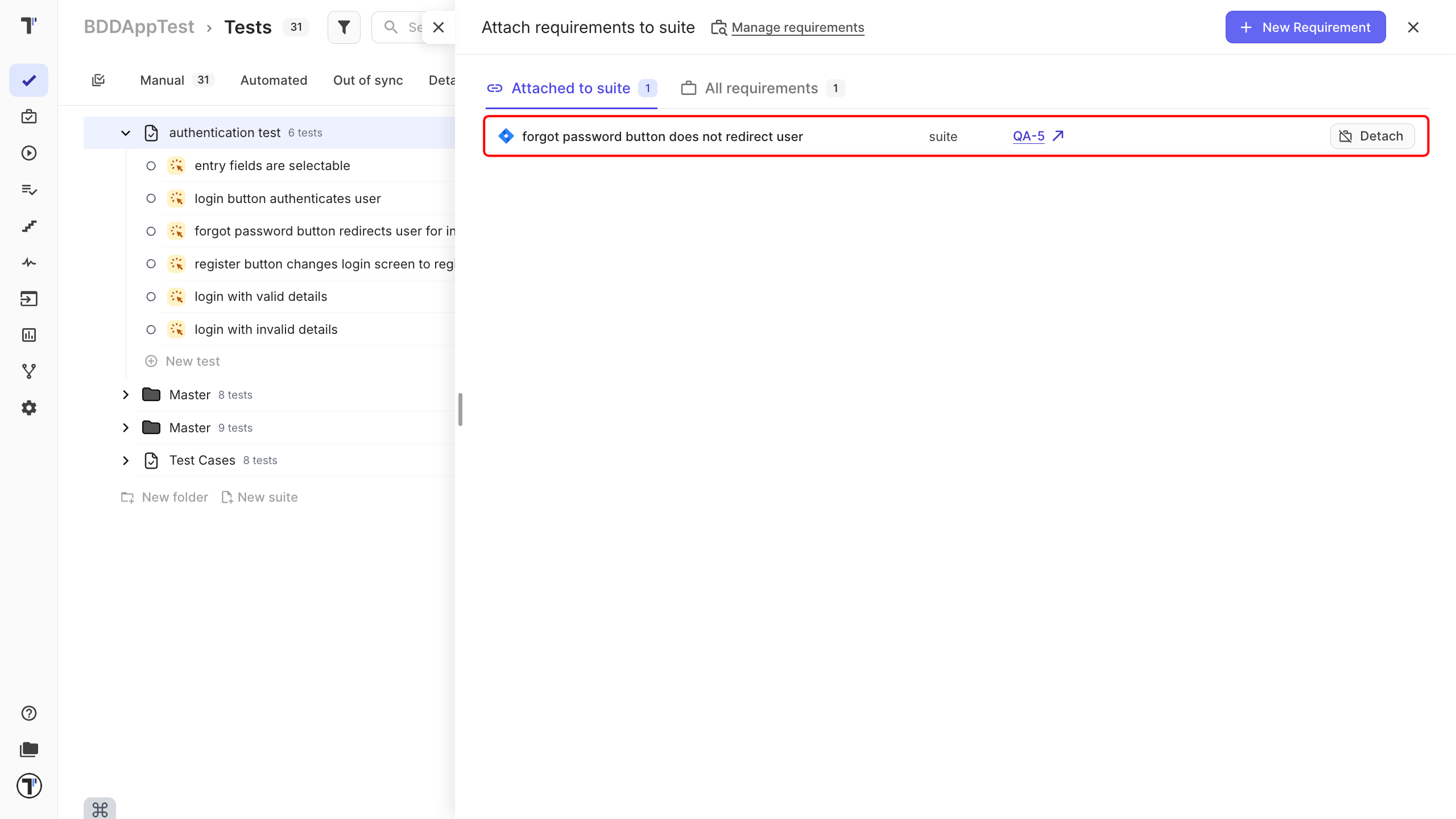The Requirements page with a new requirement being added from Jira