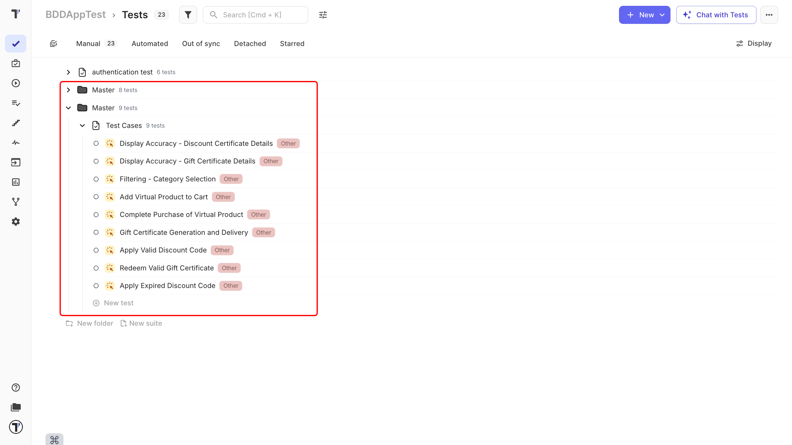 The imported test tree in Testomat.io next to the original TestRail structure