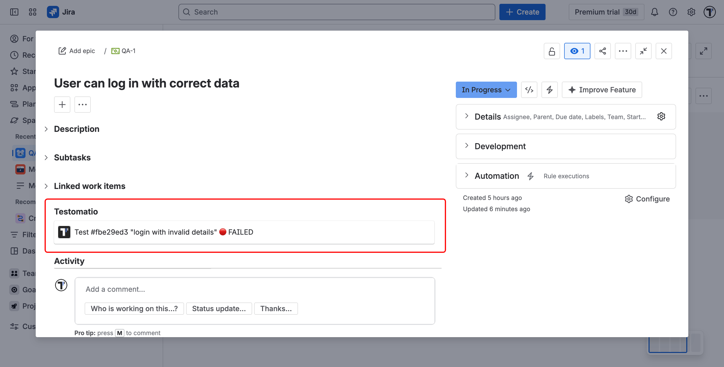 Testomat.io panel inside a Jira issue showing linked tests and status