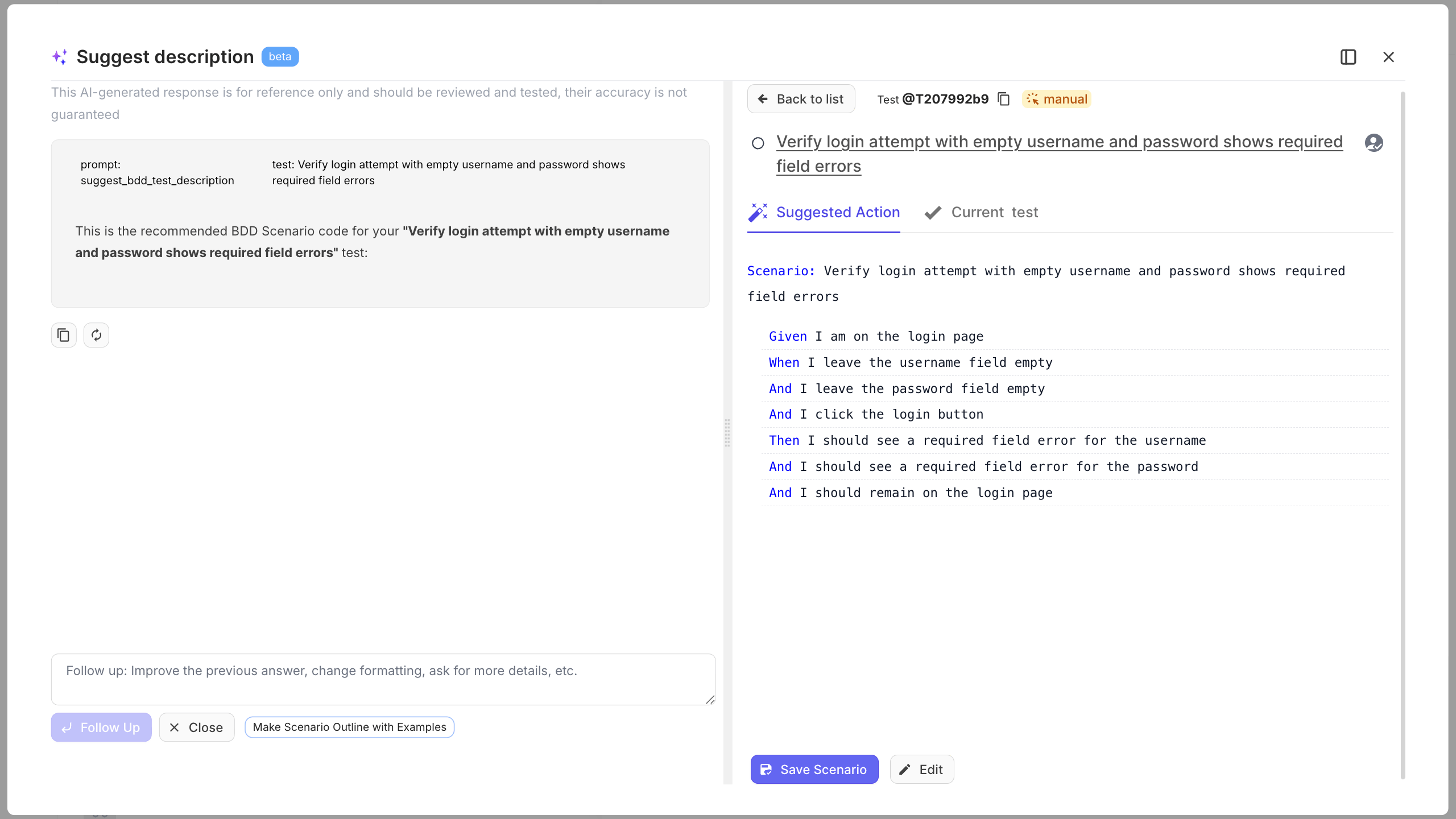 The AI-generated description on a test case