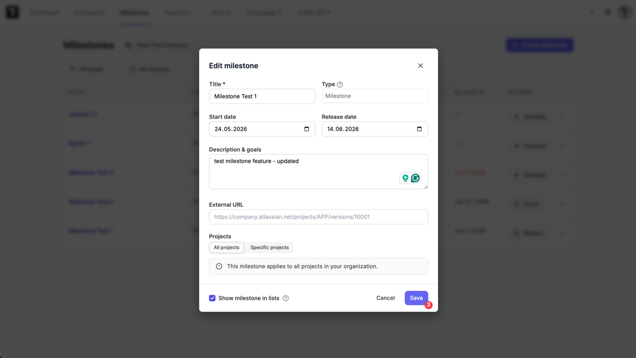 Testomat.io - Edit Milestone