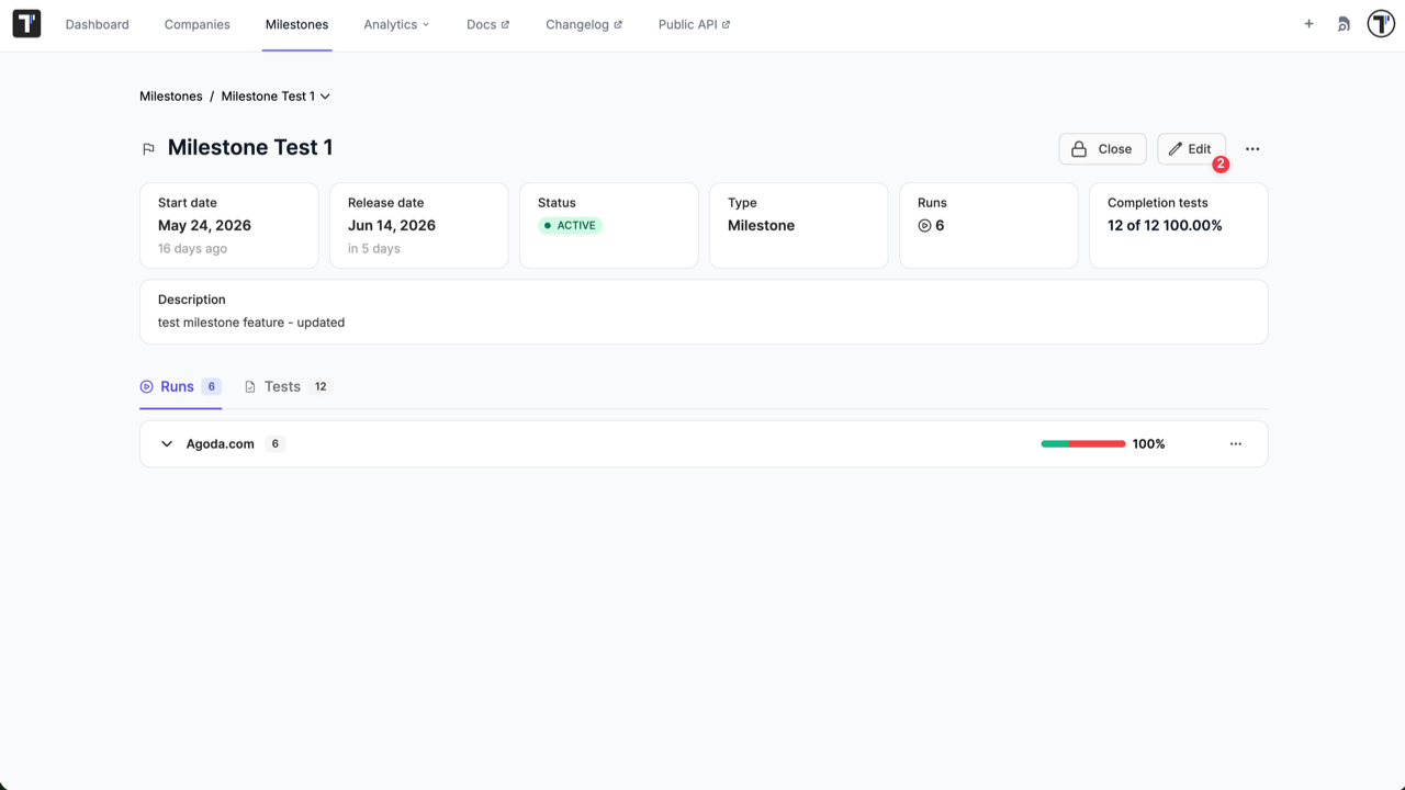 Testomat.io - Edit Milestone