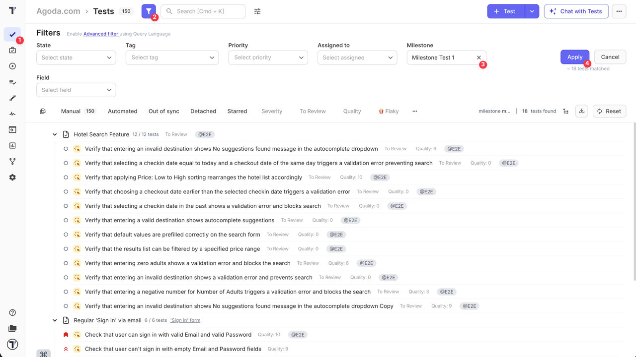 Testomat.io - Filter by Milestone